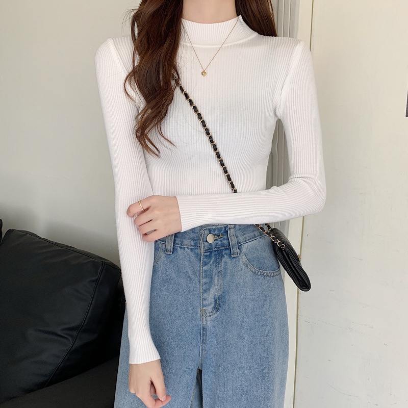 Áo len nữ cổ lọ giữ nhiệt cao 3cm 3p phân đen trắng vải thun gân tăm mặc thu đông