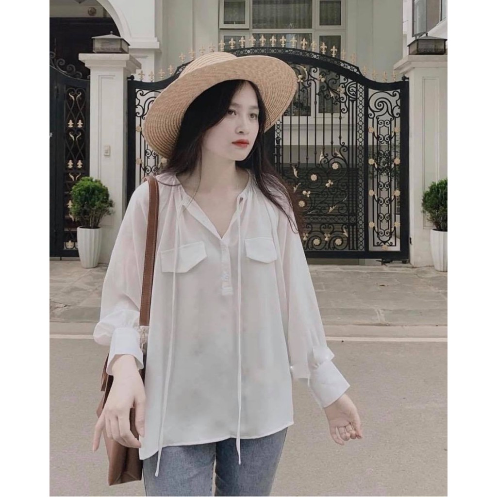 Áo kiểu nữ cổ xẻ túi nắp tay bồng dây cổ Áo xinh xắn tiểu thư nữ tính cực dễ thương  CHIBEST_AD045