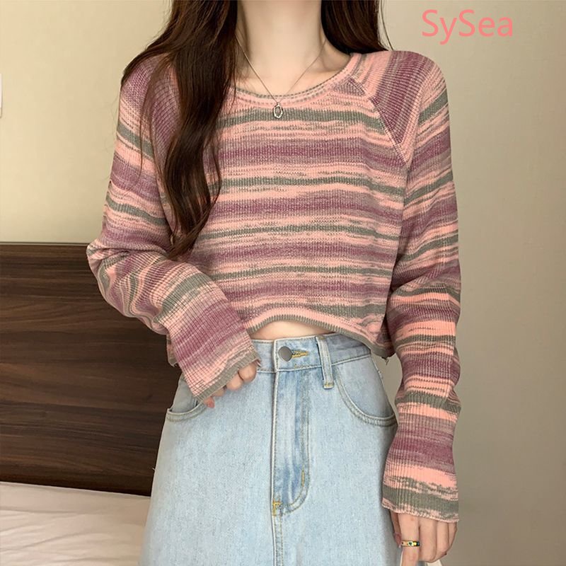 Áo Croptop Dệt Kim Kẻ Sọc Màu Cầu Vồng Kiểu Hàn Quốc Thời Trang Mùa Thu Cho Nữ