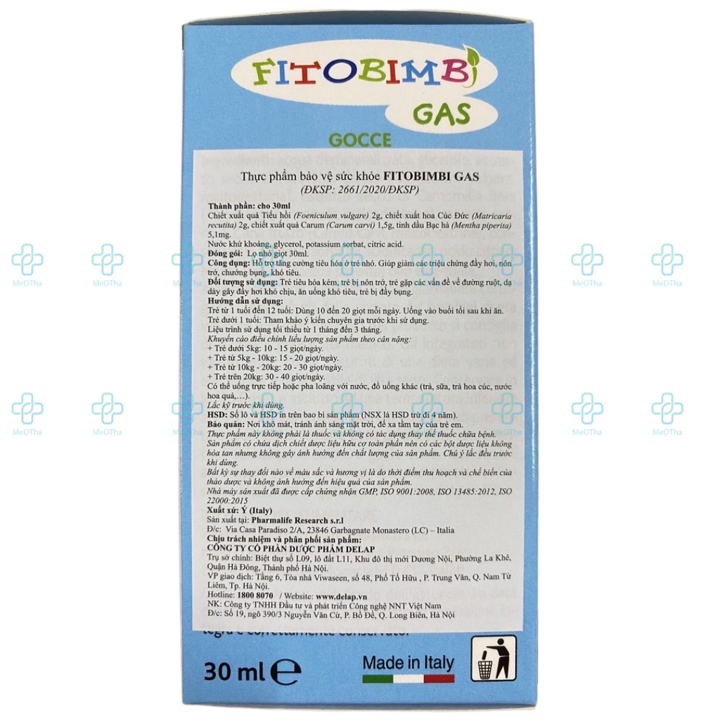 Fitobimbi Gas - Giảm Chướng Bụng, Khó Tiêu, Đầy Hơi, Nôn Chớ, Kích Thích Tiêu Hóa Cho Bé (30ml) [Chính Hãng]