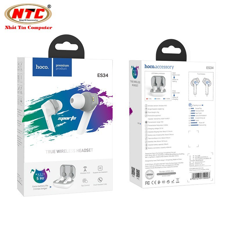 Tai nghe Bluetooth True Wireless Hoco ES34 V5.0 kết nối từng tai riêng lẻ, âm thanh cực hay, pin dùng đến 5H | BigBuy360 - bigbuy360.vn