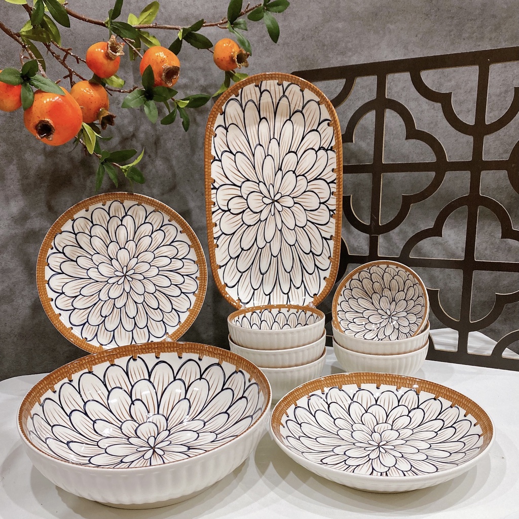 Set bát đĩa, bộ đồ ăn 10 món gốm sứ cao cấp họa tiết viền mây Nhật