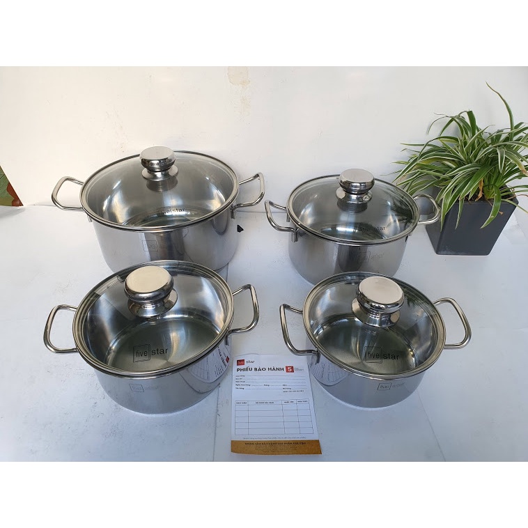 Bộ 4 Nồi Inox 430 Fivestar 3 đáy Nắp Kính đun được trên bếp điện từ