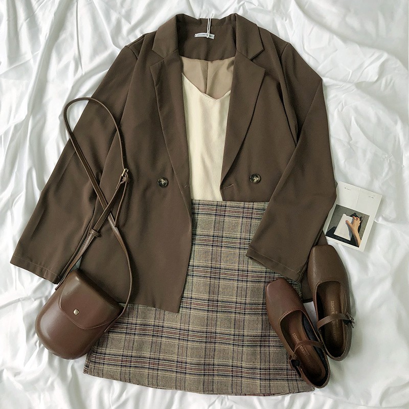 Bộ Áo Khoác Blazer + Áo Hai Dây Dệt Kim + Chân Váy Ca Rô Xinh Xắn Dành Cho Nữ | BigBuy360 - bigbuy360.vn