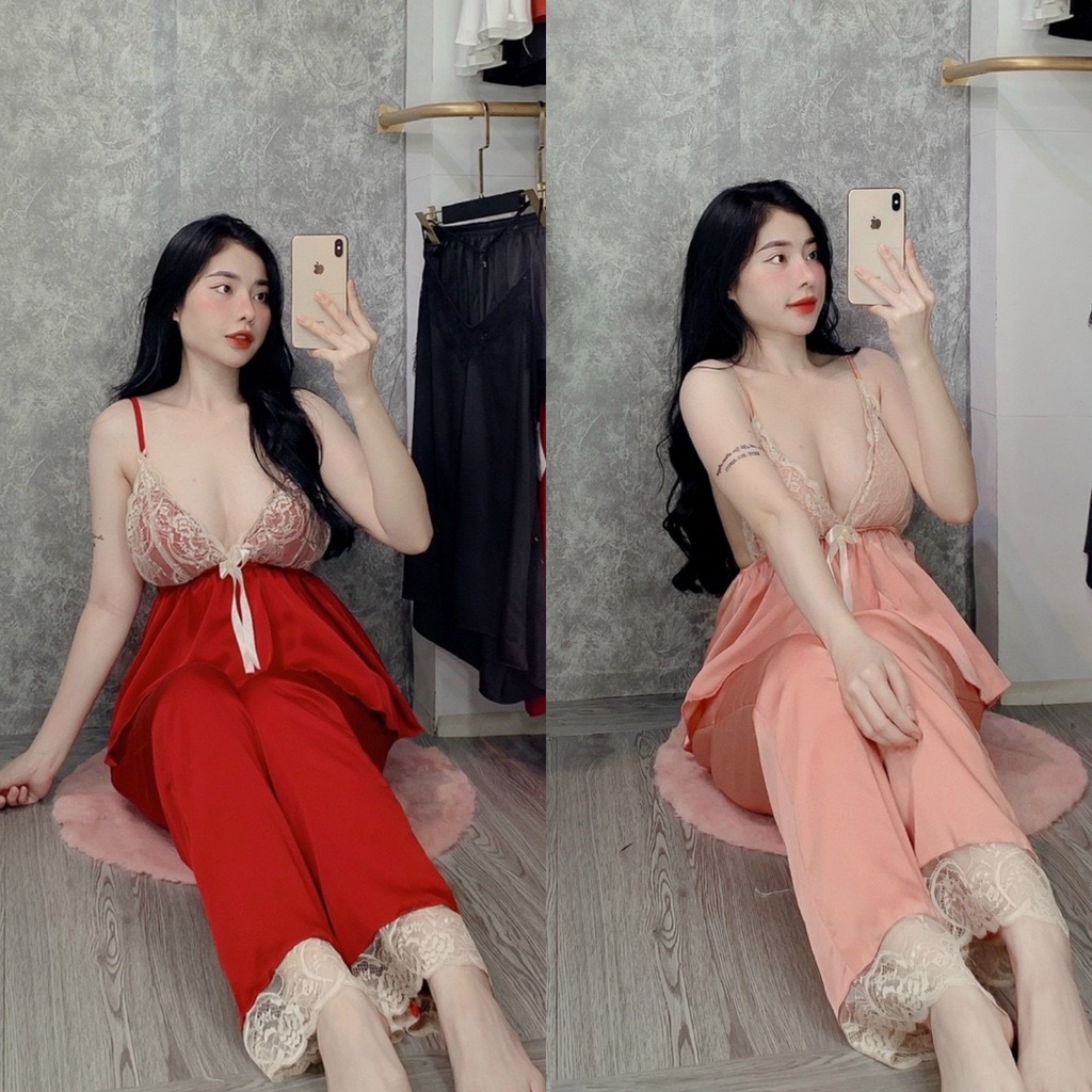 Đồ Ngủ Sexy - Đồ Ngủ 2 Dây Phối Ren Có Mút Ngực Áo Xẻ Bụng Mặc Ngủ Gợi Cảm Freesize Linqu Sleepwear
