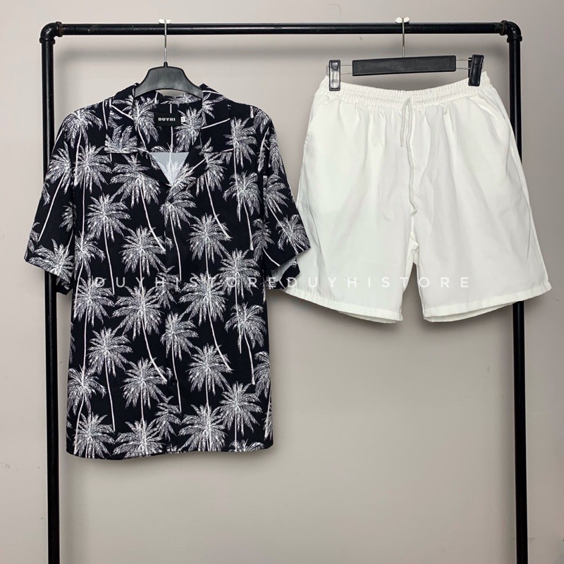 Áo sơ mi cộc tay unisex form rộng họa tiết DỪA ĐEN cho nam nữ | DUYHI