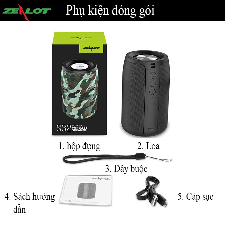 Loa bluetooth di động Zeloat ngoài trời âm thanh lớn S32 chống nước kết nối với điện thoại máy tính - hàng chính hãng