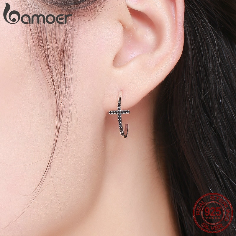 Đôi khuyên tai Bamoer bằng bạc hình cây thánh giá đính đá nhân tạo thời trang cho nữ