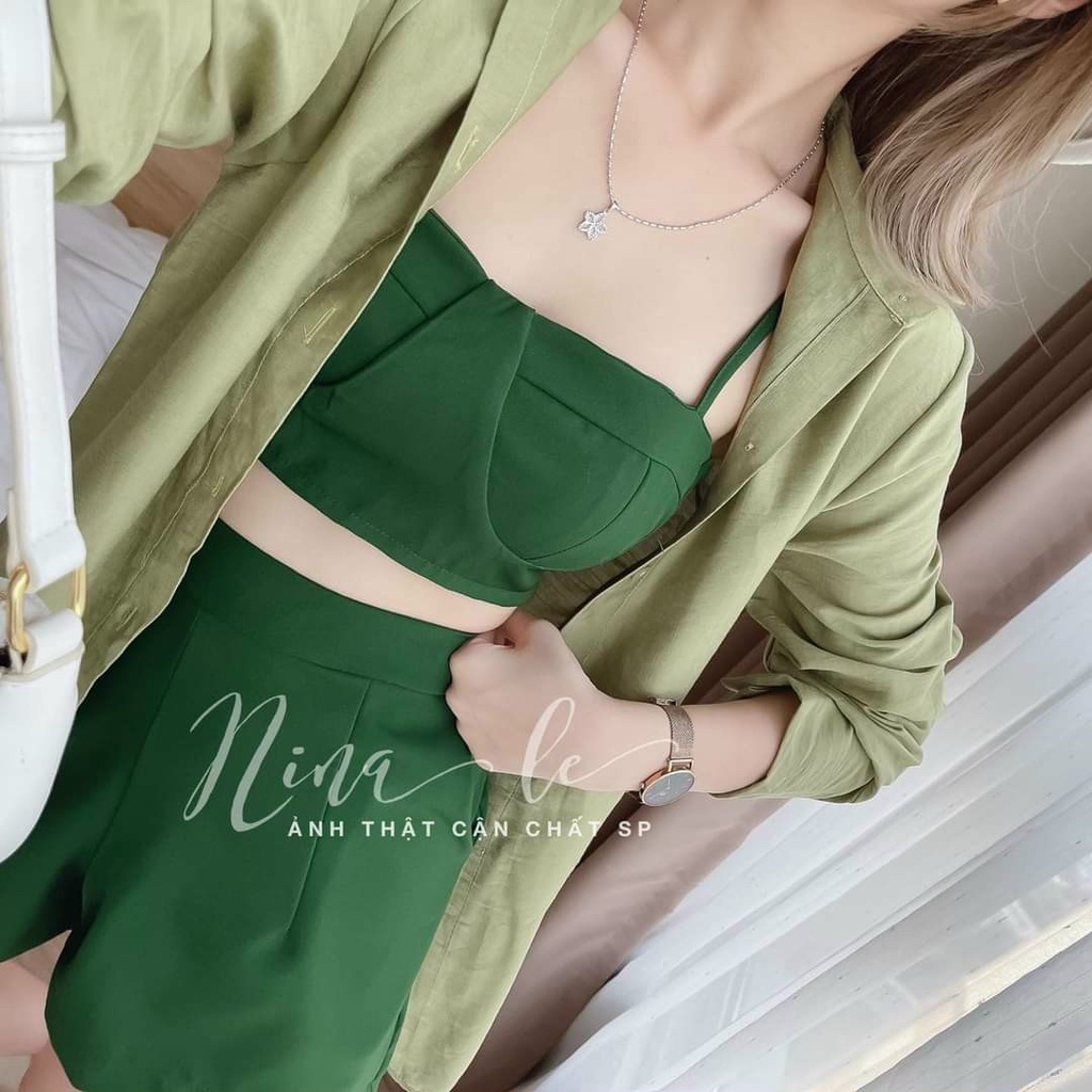 Set 3 Món Áo Sơ Mi Tơ Xước Và Quần Ngắn Kèm Áo Trong Có Mút Ngực Rose Fashion