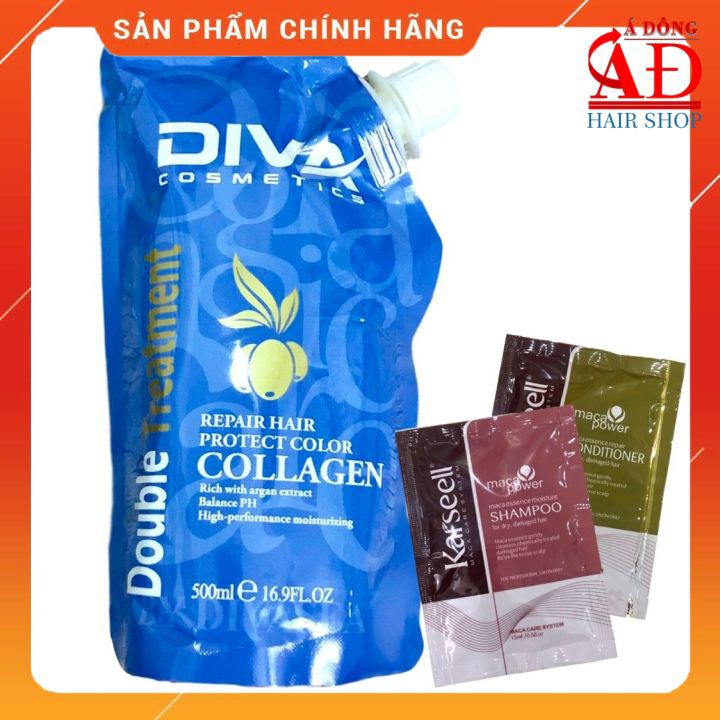 Kem ủ tóc siêu mượt Collagen DIVA Cosmetics Double Treatment 500ml + Cặp gội xả gói Karseell Maca 15mlx2