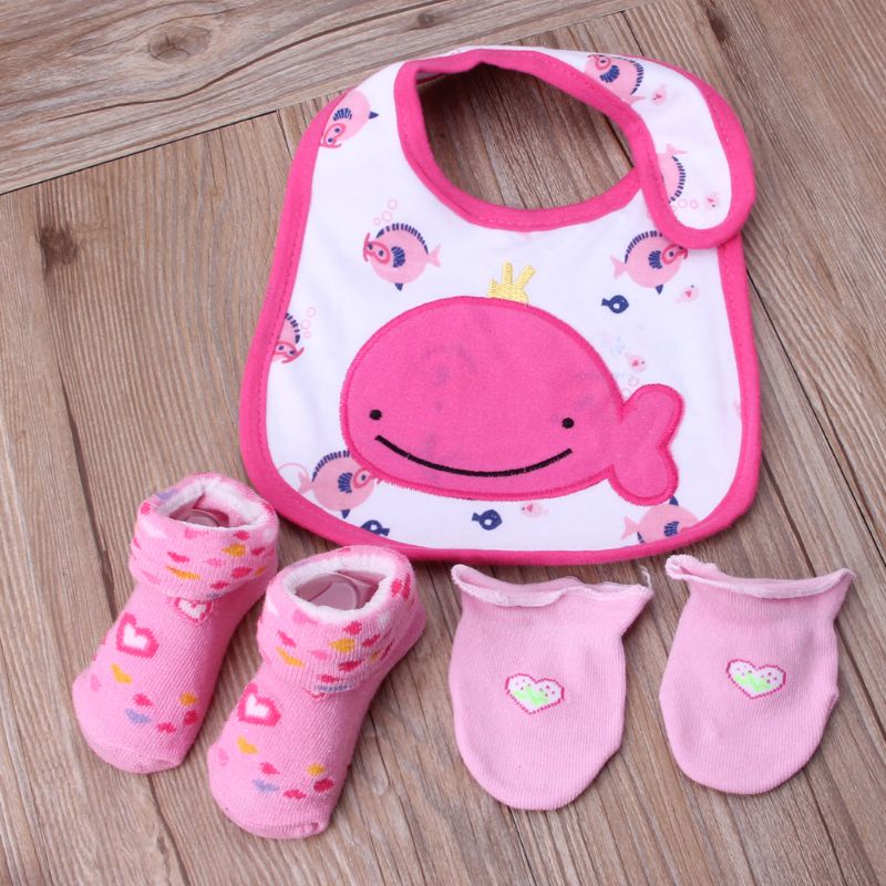 Bộ Găng Tay + Vớ Yếm Ăn Bằng Cotton Mềm Chống Trầy Xước In Họa Tiết Hoạt Hình Dễ Thương Cho Bé