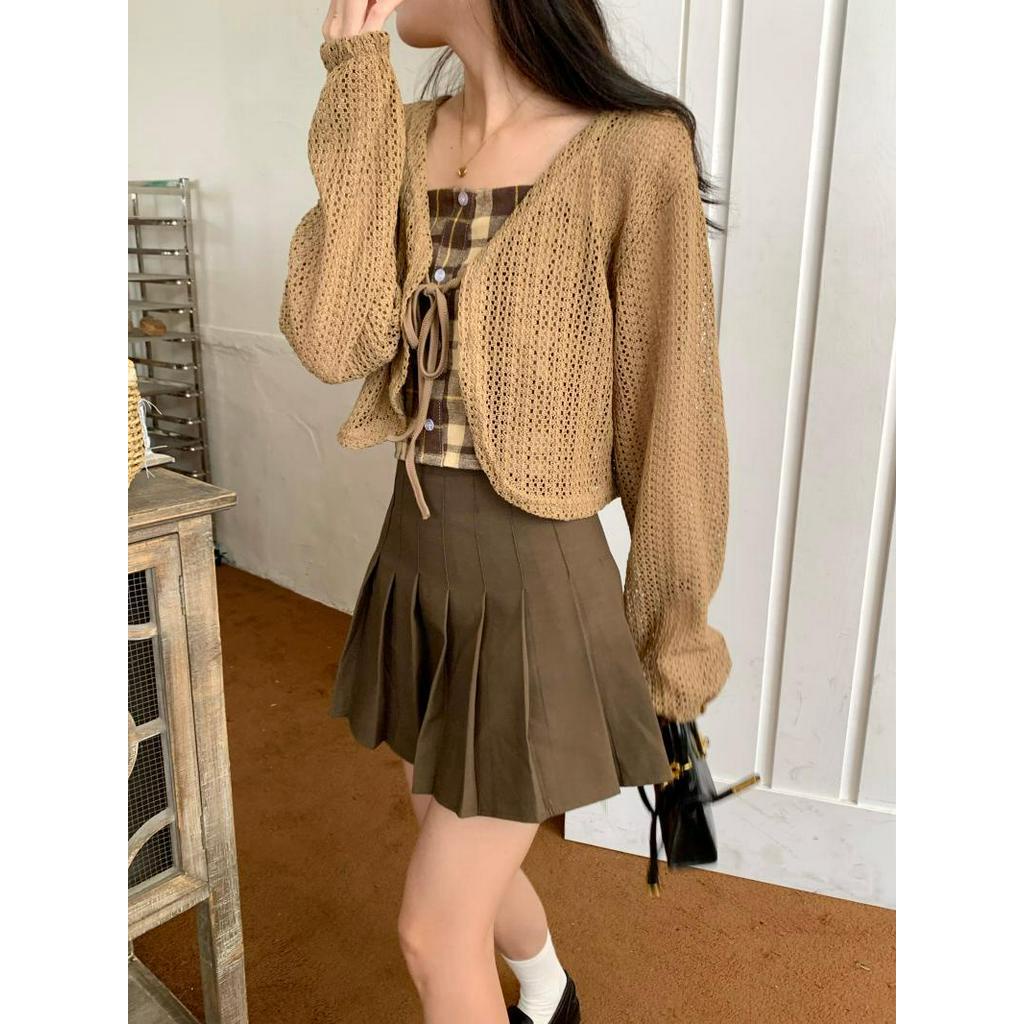 Áo Hai Dây Sọc Ca Rô / Áo Khoác Cardigan / Chân Váy Chữ A Dài Tay Lưng Cao Xếp Ly Thời Trang Retro Sành Điệu 54050