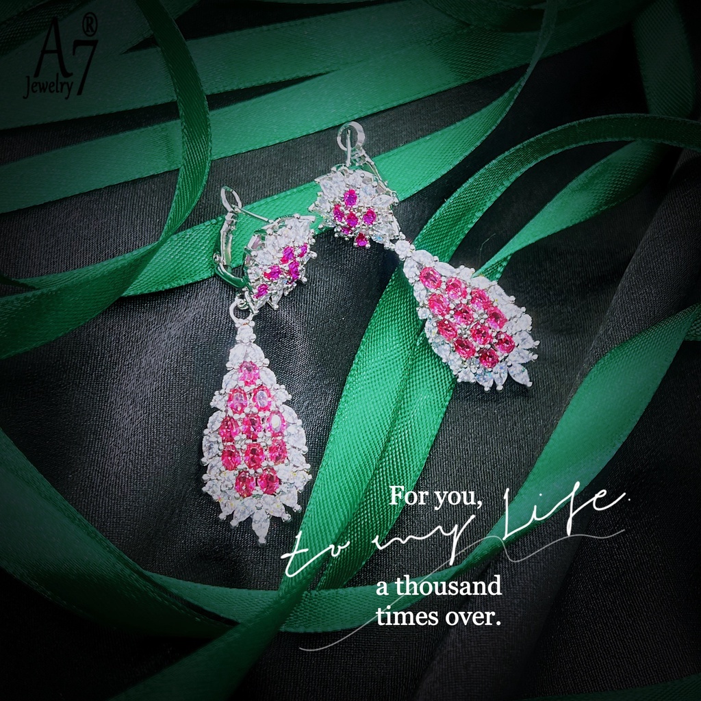 A7| Bông Tai Mạ Bạc 925 Bạch Kim Đính Kim Cương Giả Màu Đỏ Thời Trang Cho Nữ X4Y62