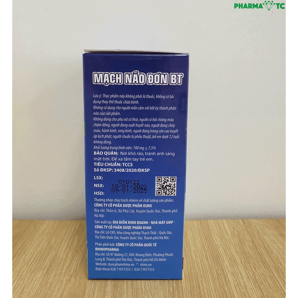 Viên uống tuần hoàn não hoạt huyết dưỡng não, Mạch Não Đơn BT, Ginkgo biloba 120mg - Hộp 60 viên - PharmaOTC