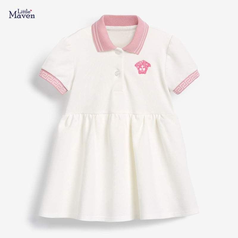 Váy Polo Little Maven trắng cổ hồng