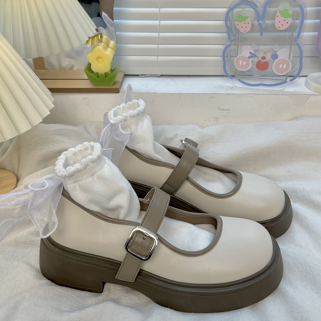 Giày búp bê nữ - Giày Mary Jane tiểu thư đơn giản phối nâu chuẩn hàng quảng châu
