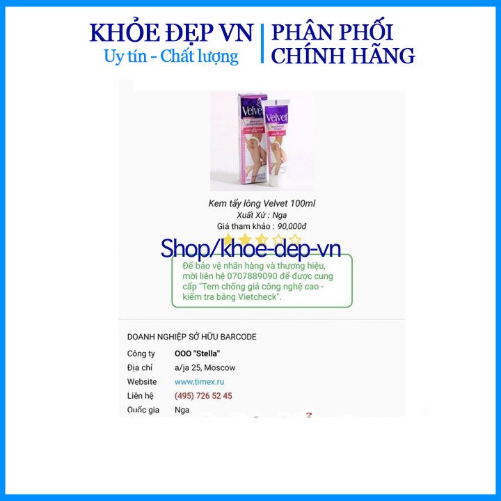 Kem tẩy lông Velvet chuẩn Nga - tẩy lông dễ dàng - phù hợp với mọi loại da - Tuýp 100ml