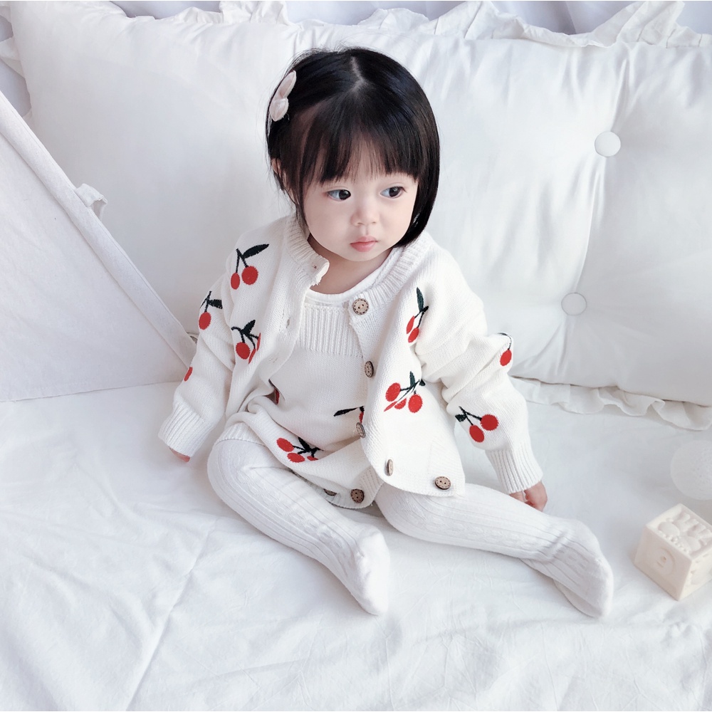 Set Đồ Mùa Xuân 0-2 Tuổi Gồm Áo Tay Dài Thêu Hình Quả Cherry Dễ Thương + Váy Ha