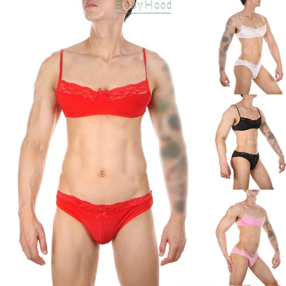 Men Sissy Gay Sexy Lace G-String Bikini Underwear Bra Top Panties Underpants Set#BBHOOD
