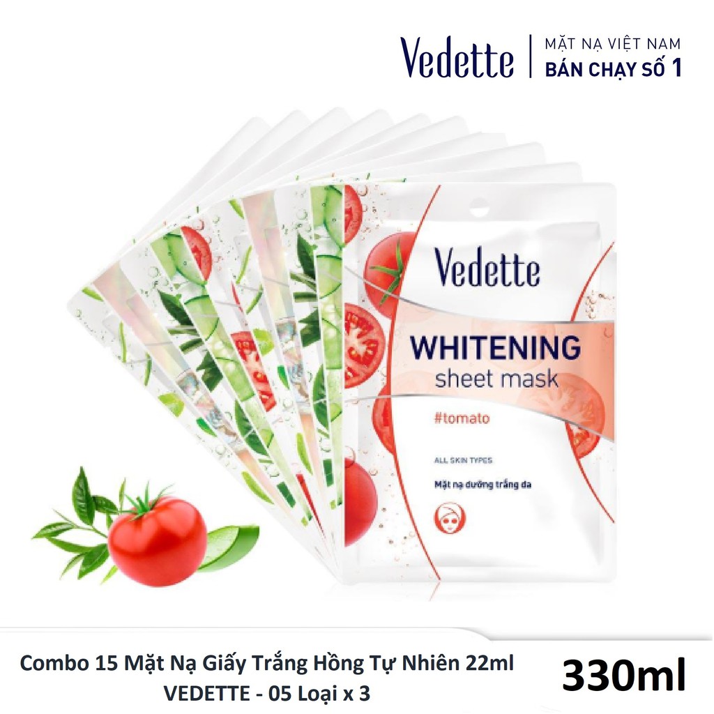 Combo 15 Mặt Nạ Giấy Trắng Hồng Tự Nhiên 22ml VEDETTE - 05 Loại x 3