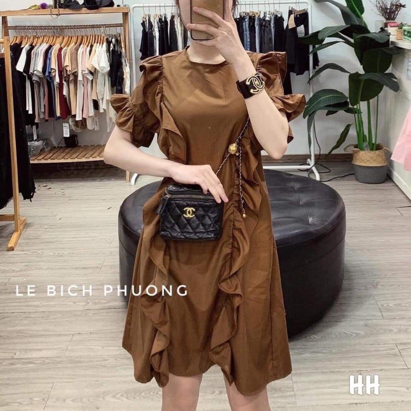 Váy đầm thô trơn nâu viền bèo chất đẹp L1 | BigBuy360 - bigbuy360.vn