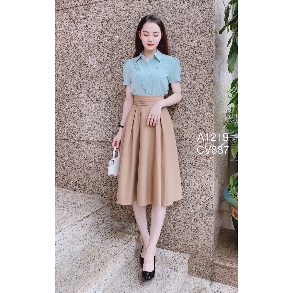 Chân váy xòe công sở dáng dài có túi 2 bên thiết kế sang chảnh, Xòe phồng 6 li d68cm