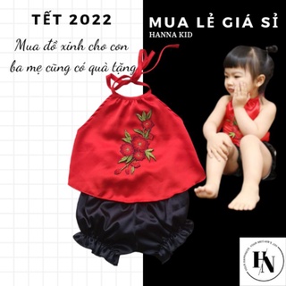 ( TẶNG KÈM MẤN ) - Set Yếm Đào Đỏ Cách Tân Bé Gái Hannakid Quần Đen Vải Phi Đen Cho Bé Từ 3 Đến 15 Kg