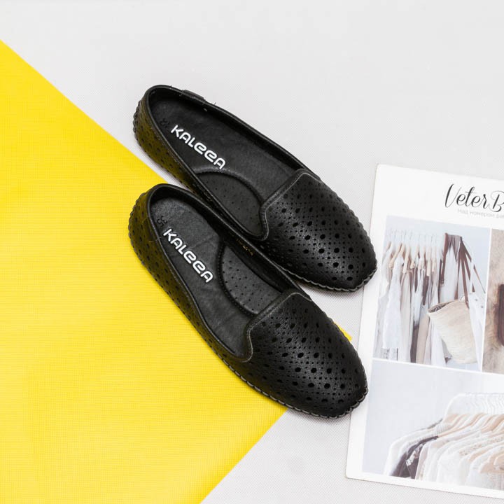 Giày slipon - Giày bệt nữ cao cấp Kaleea VNXK da bò thật siêu nhẹ ( màu Đen ) - HTK2014