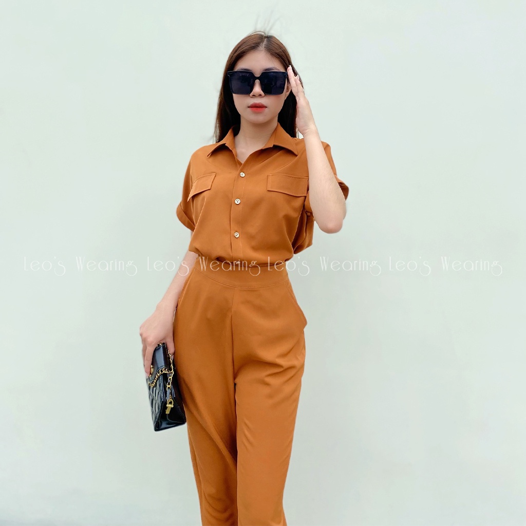 Bộ đồ nữ quần dài ống suông mix áo sơ mi cộc tay sang chảnh LEOSWEARING Thiết kế mặc công sở dạo phố hằng ngày K19