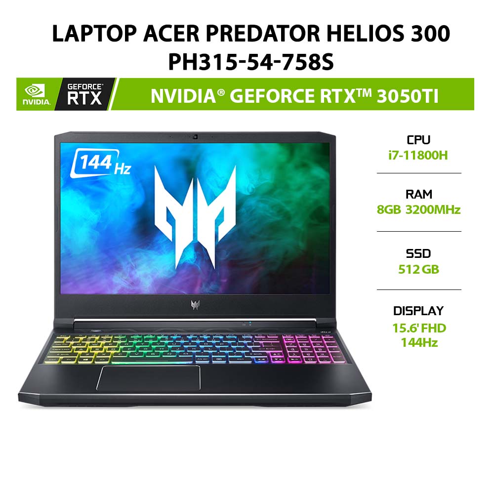 [ELBAU7 giảm 7%] Laptop Acer Predator Helios 300 (PH315-54-758S) i7-11800H |GeForce®RTX™ 3050Ti 4GB