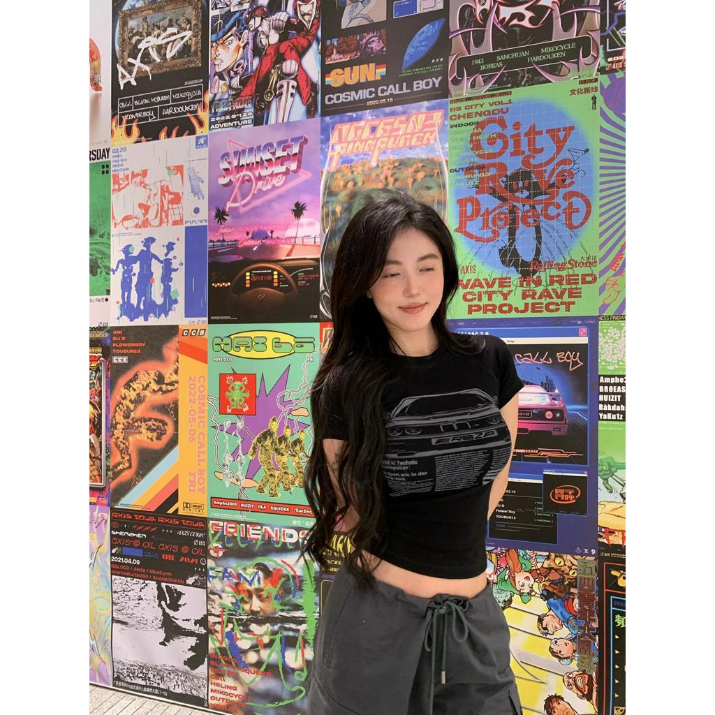 Ethelgirl Áo Croptop Tay Ngắn Dáng Ôm In Họa Tiết Phong Cách Retro Mỹ Quyến Rũ Cho Nữ