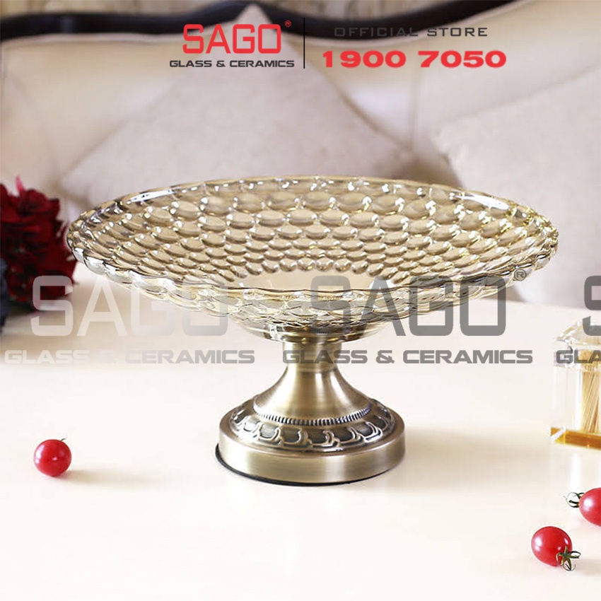 Đĩa Thủy Tinh Trái Cây Có Chân Mạ Đồng Chấm Bi Cao Cấp | Tùy Chọn Size