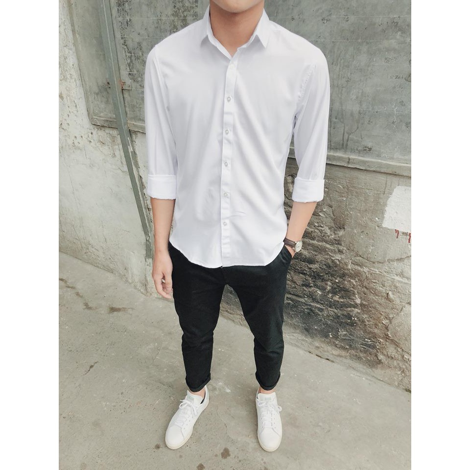 Áo Sơ Mi Nam Trắng Trơn Dài Tay Ôm Sát Người | BigBuy360 - bigbuy360.vn