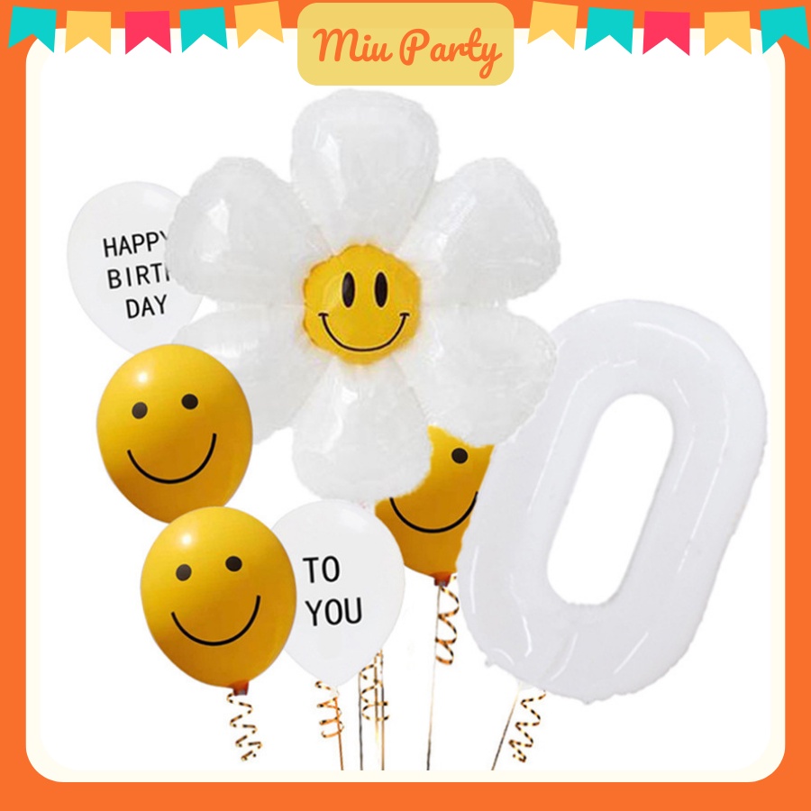 Set Bong Bóng Hoa Cúc Mặt Cười Và Bóng Số Trang Trí Tiệc Sinh Nhật Xinh Xắn