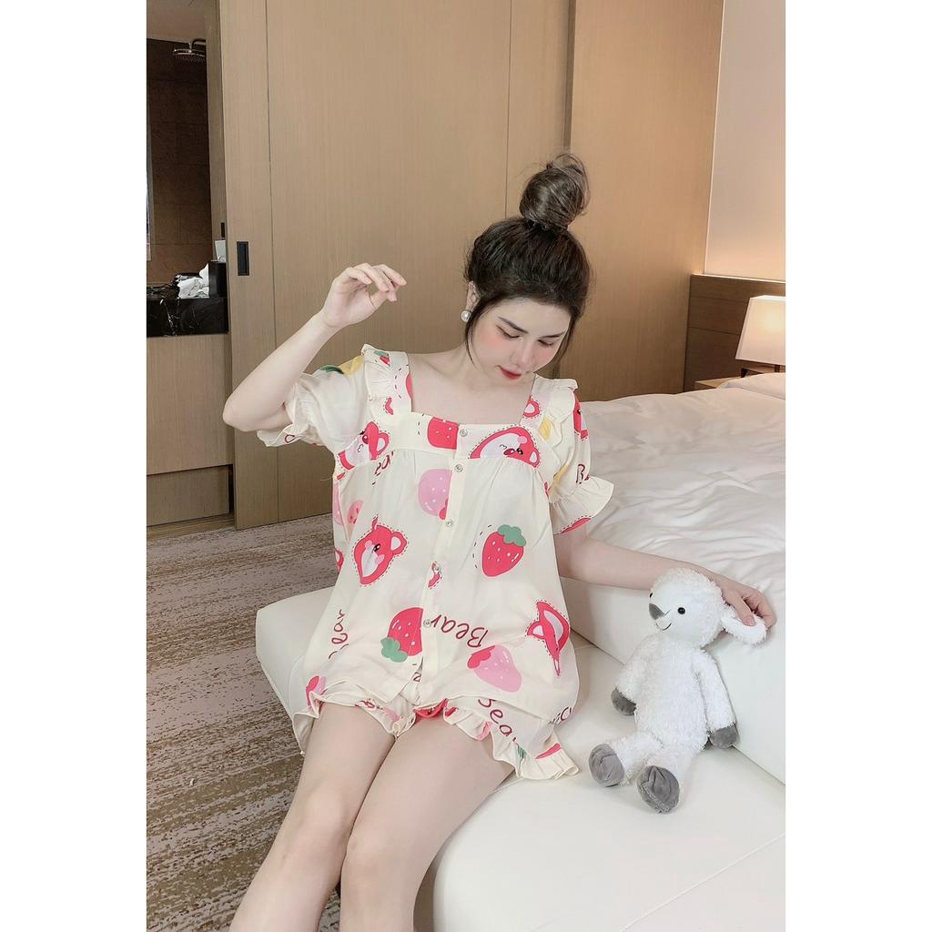 Bộ pijama nữ bộ đồ ngủ tay ngắn quần cộc cổ vuông tiểu thư lụa mango buộc dây sau freesize 40-60kg Thiết Kế Chun's Sleep