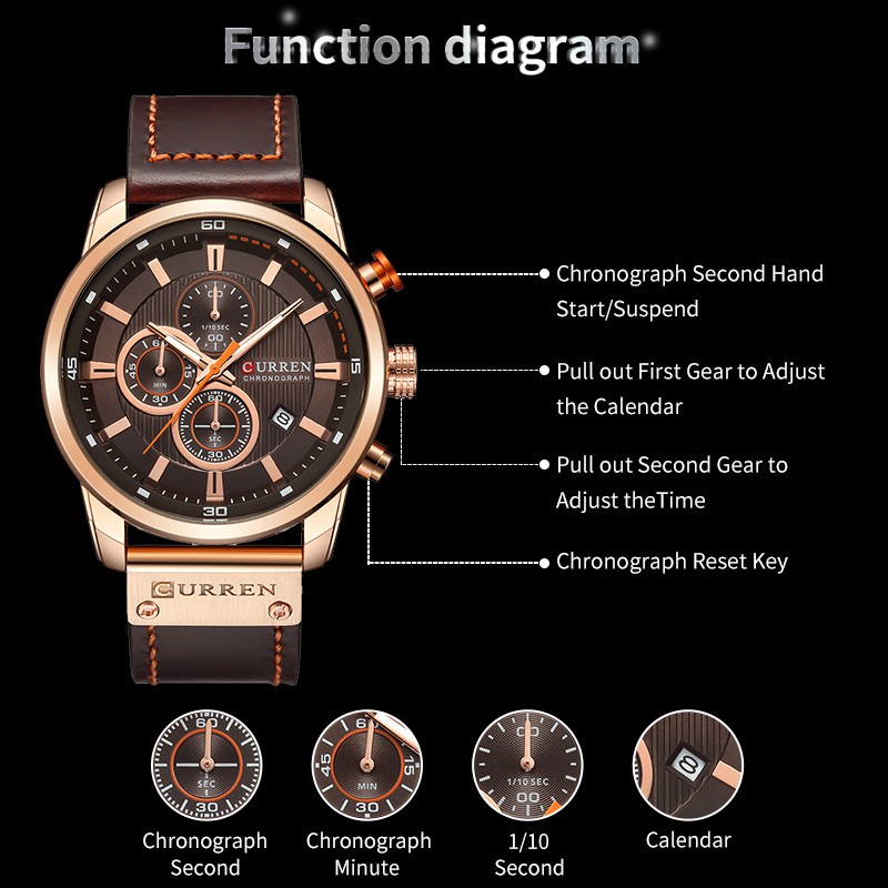 Đồng Hồ Quartz Curren Trang Trí Chữ Chronograph Với Dây Đeo Da 8291