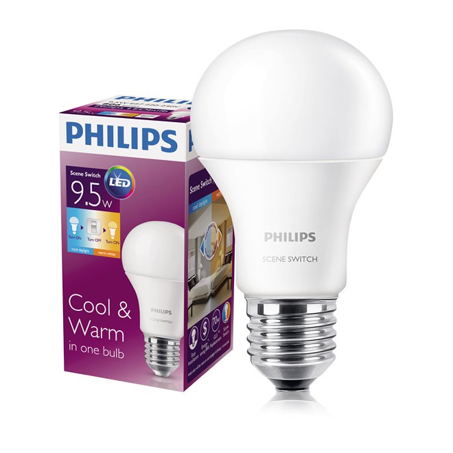 [Mã LT50 giảm 50k đơn 250k] Bóng đèn Philips LED Scene Switch đổi màu ánh sáng 9.5W 3000K/6500K E27 (Trắng / Vàng)