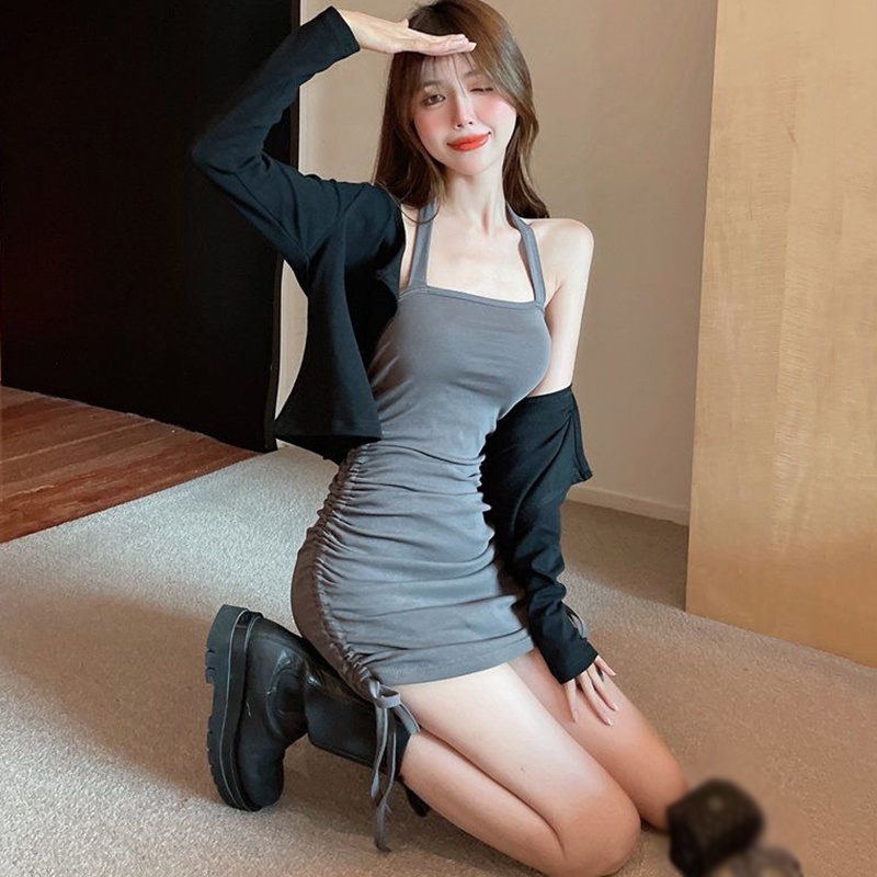 Đầm Hai Dây Rút Dây Màu Trơn Hở Lưng Thời Trang Hàn Quốc Cho Nữ