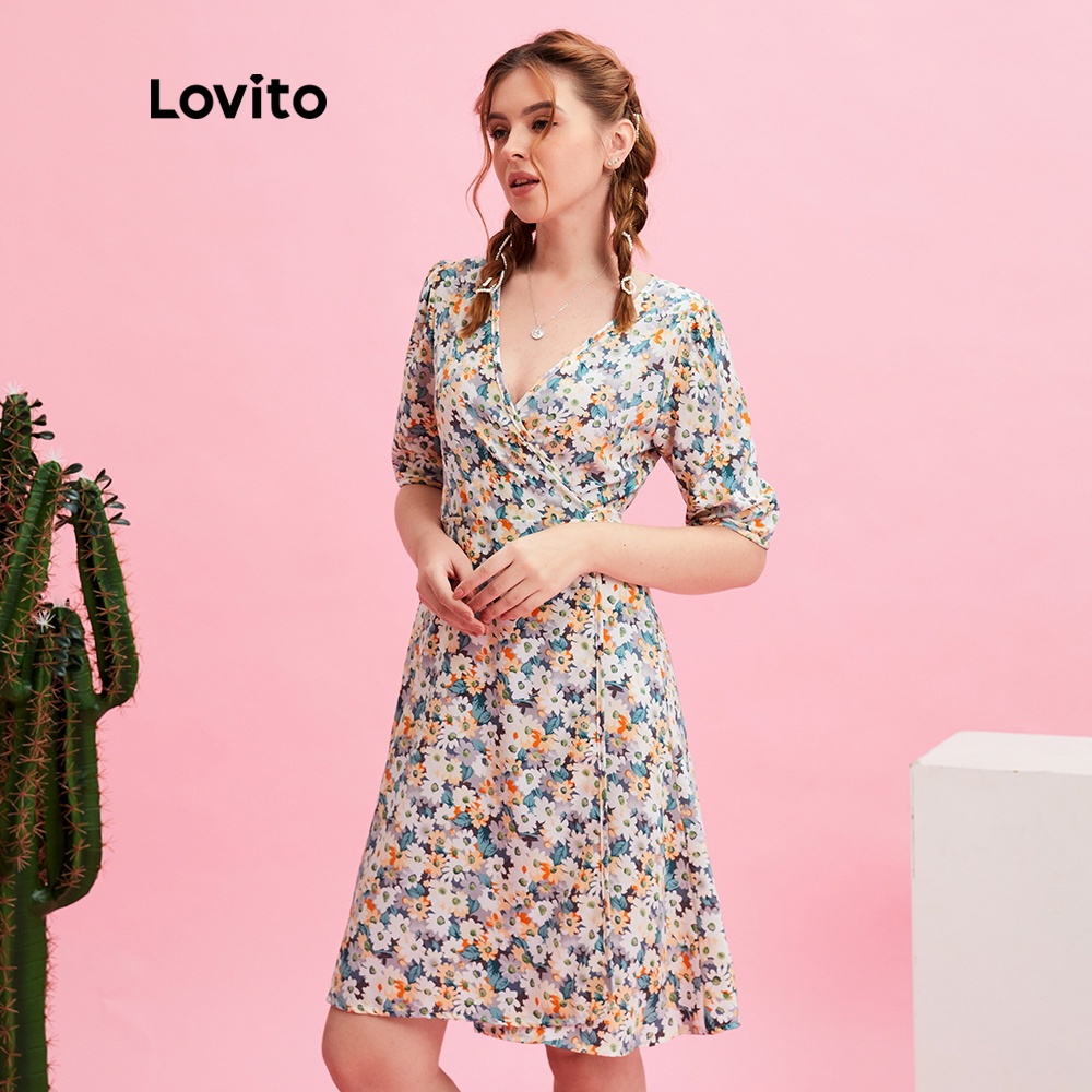  Đầm Lovito tay phồng cổ chữ V in hoa dễ thương thời trang cho nữ L10178 (Màu be) | BigBuy360 - bigbuy360.vn