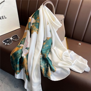 Khăn choàng cổ dài bằng lụa giả họa tiết hoa sen sang trọng thời trang cho nữ