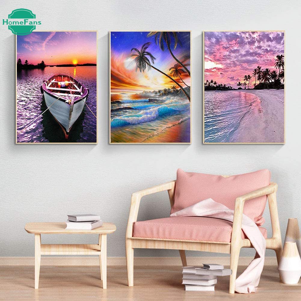 Bộ tranh đính đá 5D tự làm 30x40cm hình phong cảnh hoàng hôn trên biển trang trí độc đáo