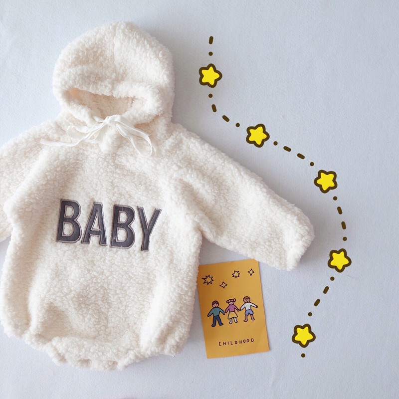 Bộ áo liền quần lông nhung phối mũ trùm phong cách Hàn Quốc đáng yêu cho bé gái sơ sinh