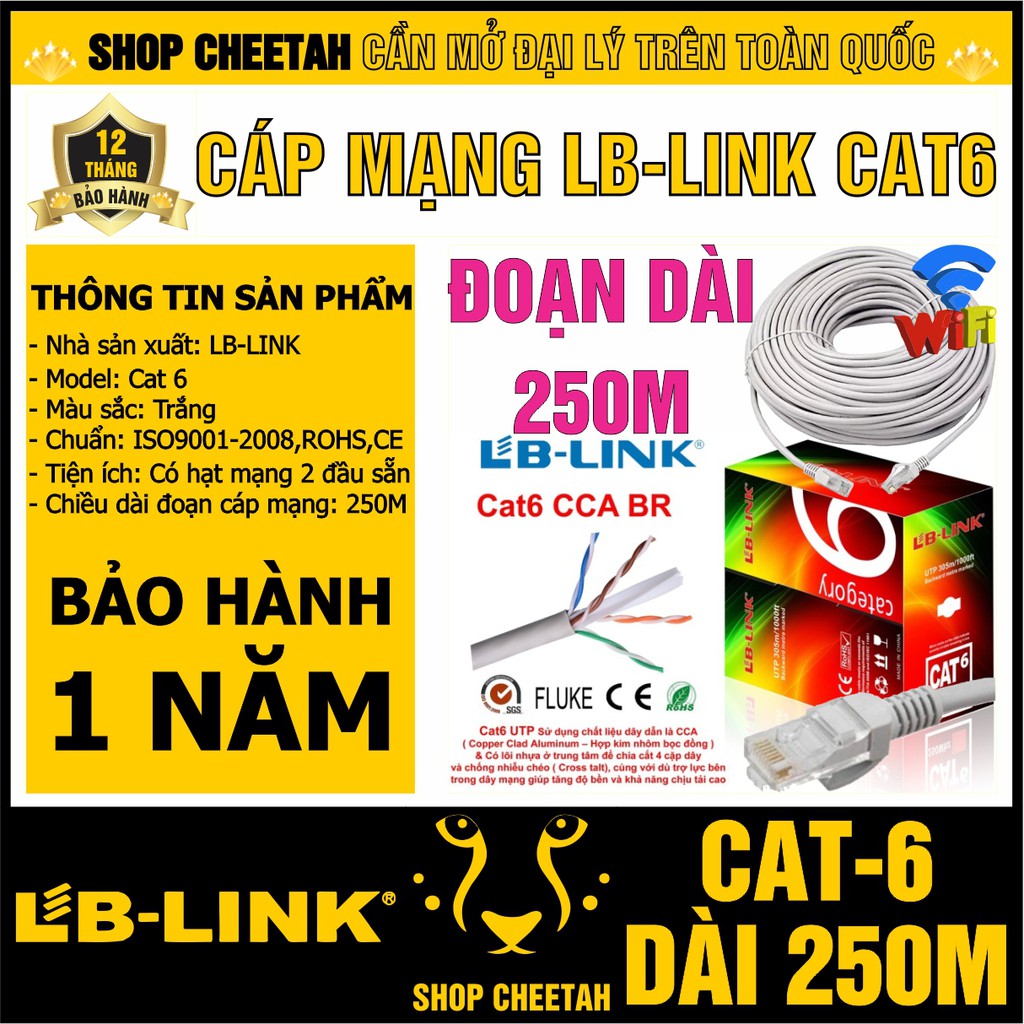 Đoạn dài 250m - Dây cáp mạng Lb-Link Cat6 – Bấm sẵn 2 đầu – Cắt từ cuộn tiêu chuẩn – Chính hãng LB-L