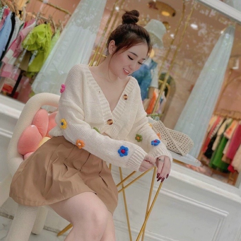 Áo cadigan crotop hoạ tiết hoa xinh xắn chất len mỏng mịn freesize boong_clothing
