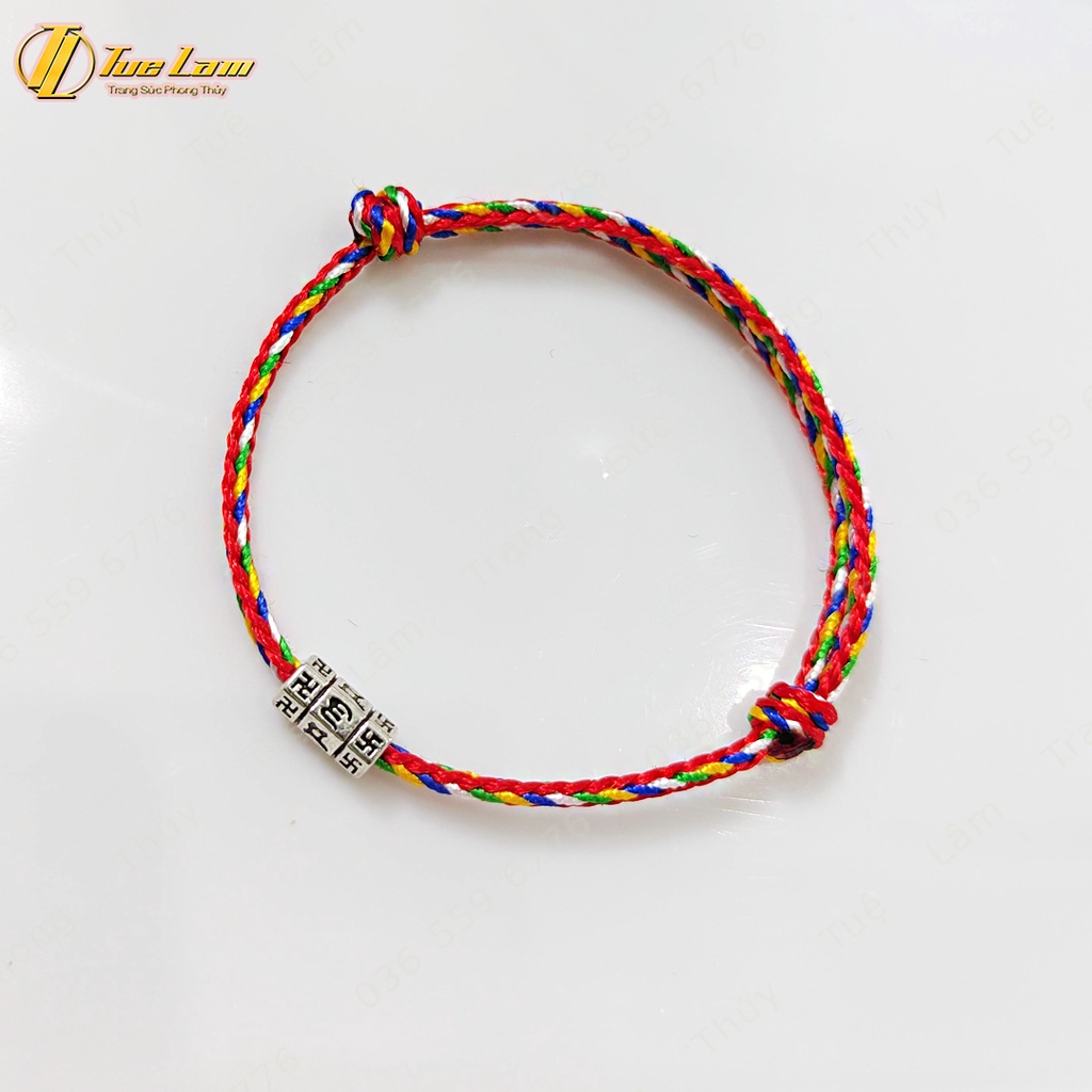 Vòng tay may mắn dây chỉ ngũ sắc phật giáo mix charm ống trụ ngắn khắc chú bình an - Tuệ Lâm