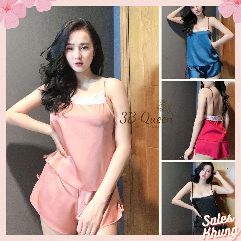 Set bộ 2 dây phối ren kèm quần xẻ đùi, đồ ngủ chất liệu SATIN cao cấp loại 1, mềm mịn mát