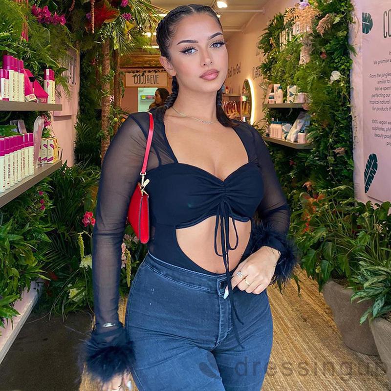 Bộ áo liền quần tay dài phối lưới thời trang cho nữ | BigBuy360 - bigbuy360.vn