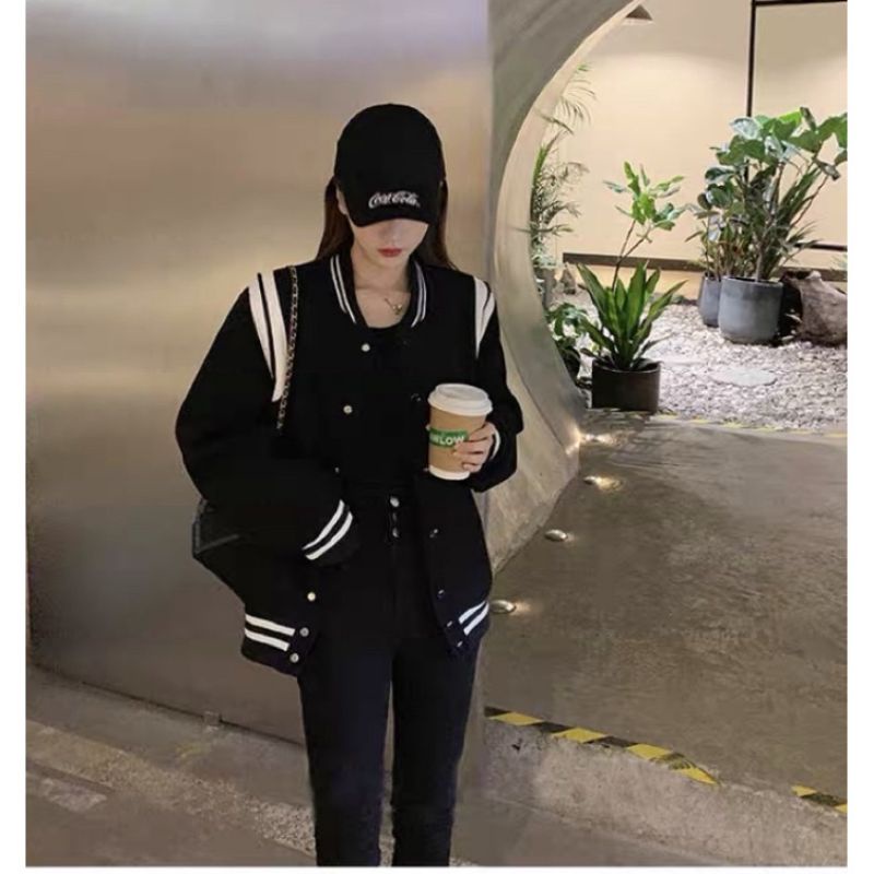 XPstore Áo khoác bomber jacket Đen viền Trắng form unisex (Ảnh thật)