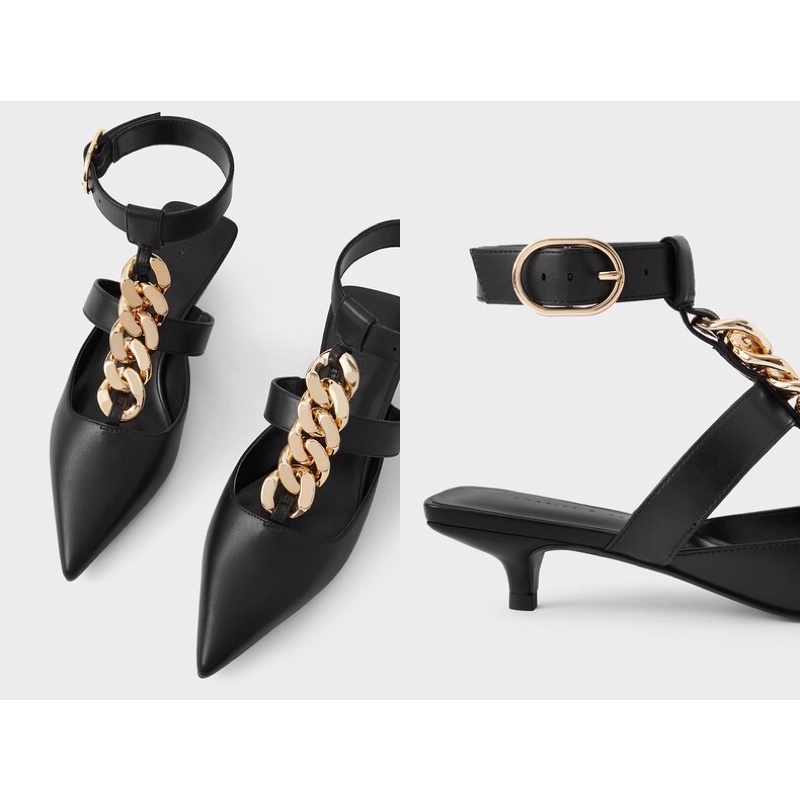 GIÀY CAO GÓT MŨI NHỌN CHARLES AND KEITH CHAIN LINK ANKLE STRAP MÀU ĐEN