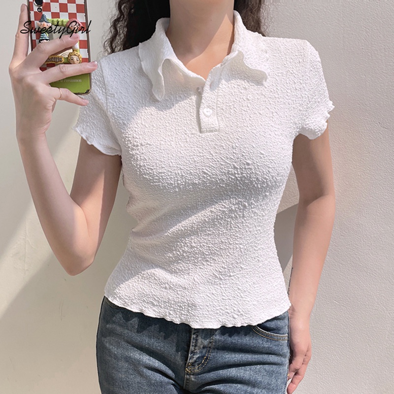 Áo Thun Tay Ngắn Cổ Bẻ Cài Nút Dáng Ôm Màu Trơn 2022 Thời Trang Cho Nữ